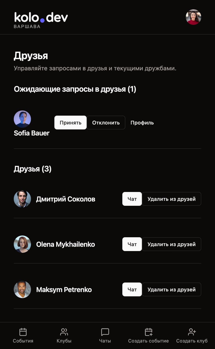 Страница друзей с запросами и списком